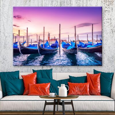 Gondolas Lined Up in The Water at Sunset Wall Art Decor 100% Australian Made