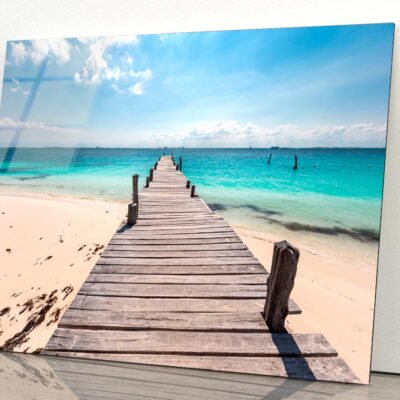 Wooden Pier on Caribbean Beach, Cancun, Isla Mujeres Acrylic Glass Print Tempered Glass Wall Art 100% Made in Australia Ready to Hang