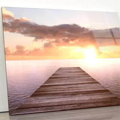 Golden Sea Sunset View of Pier or Jetty in The Tropical in The Summer Acrylic Glass Print Tempered Glass Wall Art 100% Made in Australia Ready to Hang