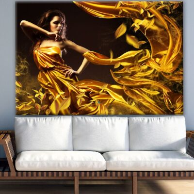 Woman with Gold Dress & Flowers Print 100% Australian Made