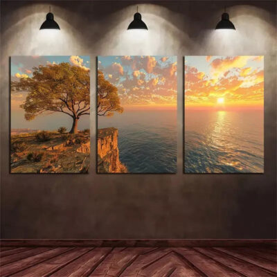 3pcs Sun Setting Over An Ocean with Trees Canvas Framed 40x60cm - High Quality Print 100% Australian Made Wall Canvas Ready to Hang