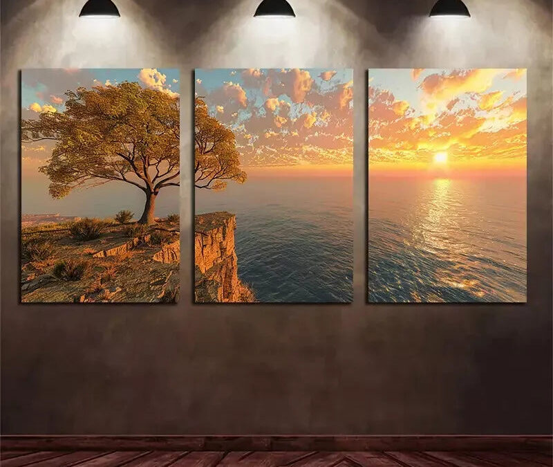 3pcs Sun Setting Over An Ocean with Trees Canvas Framed 40x60cm – High Quality Print 100% Australian Made Wall Canvas Ready to Hang