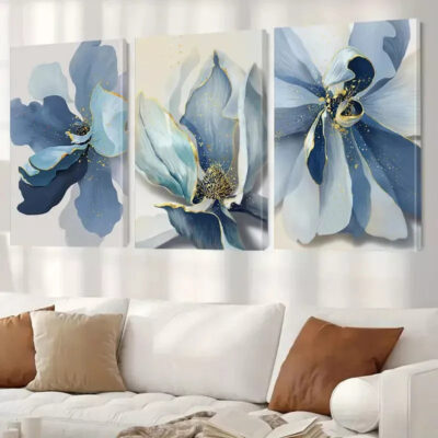 3pcs Blue Floral Canvas Wall Art Set Canvas Framed 40x60cm - High Quality Print 100% Australian Made Wall Canvas Ready to Hang