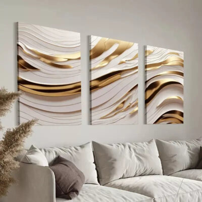 3pcs Golden & White Abstract Wave Canvas Framed 40x60cm - High Quality Print 100% Australian Made Wall Canvas Ready to Hang