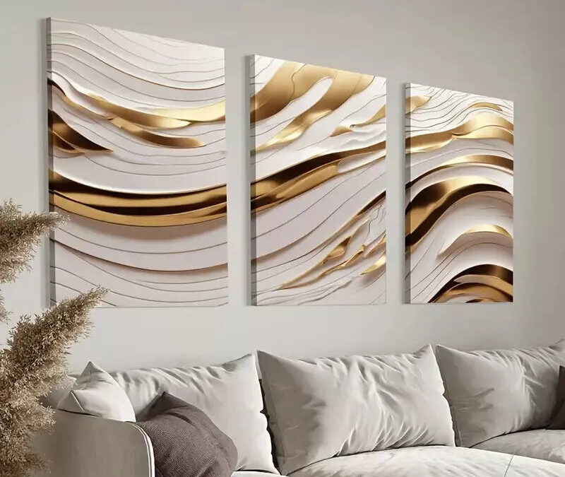 3pcs Golden & White Abstract Wave Canvas Framed 40x60cm – High Quality Print 100% Australian Made Wall Canvas Ready to Hang