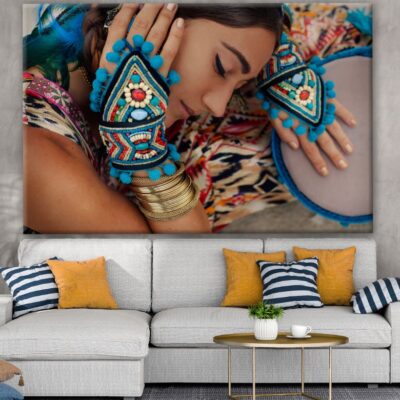 Young Woman with Jewelry, Drum & Makeup Closeup Portrait Photograph Print 100% Australian Made