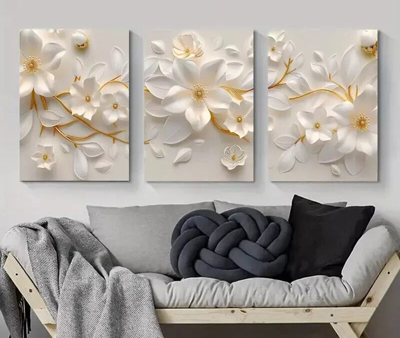 3pcs White Floral Paper Art with Golden Canvas Framed 40x60cm – High Quality Print 100% Australian Made Wall Canvas Ready to Hang