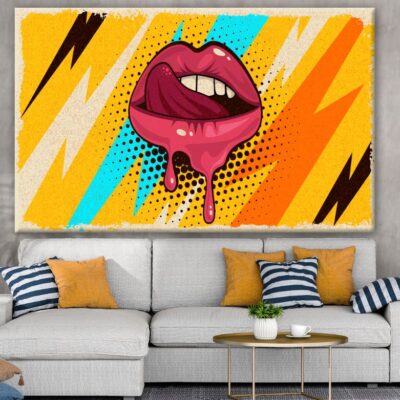 Pink, Red lips, Mouth & Tongue on Pop Art Retro Vintage Colorful Background Illustration Print 100% Australian Made