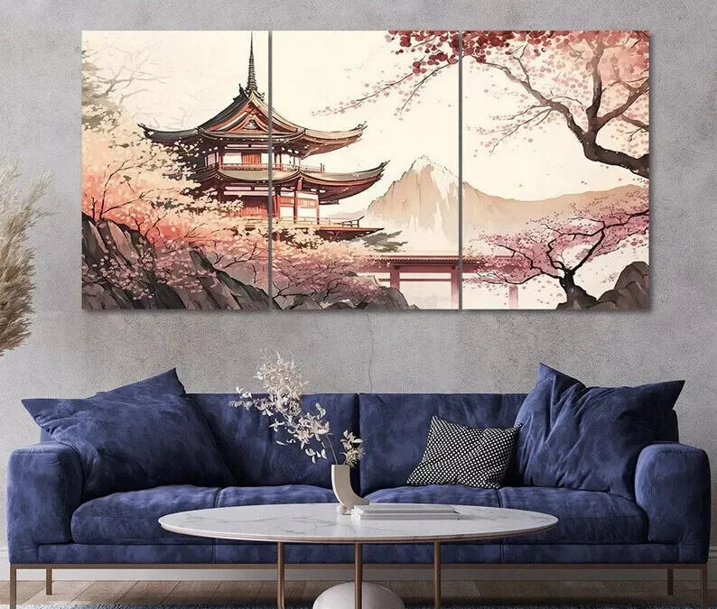 3pcs Chinese Temple Scenery Painting Style Canvas Framed 40x60cm – High Quality Print 100% Australian Made Wall Canvas Ready to Hang