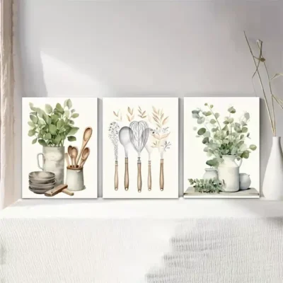 3pcs Kitchen Green Spice Oil Painting Canvas Framed 40x60cm - High Quality Print 100% Australian Made Wall Canvas Ready to Hang