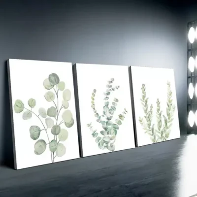 3pcs Lone Green Leaves Water Coloured Canvas Framed 40x60cm - High Quality Print 100% Australian Made Wall Canvas Ready to Hang