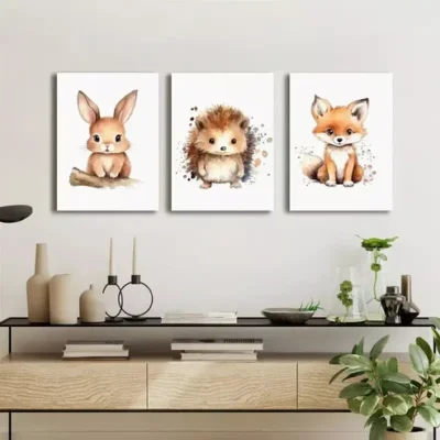 3pcs Fox, Hedgehog & Bunny Canvas Framed 40x60cm - High Quality Print 100% Australian Made Wall Canvas Ready to Hang