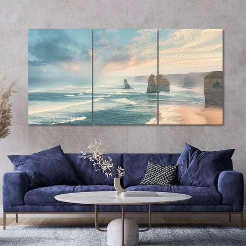 Peaceful Ocean Coastal Landscape 3 Piece Canvas Framed 40x60cm – High Quality Print 100% Australian Made Wall Canvas Ready to Hang
