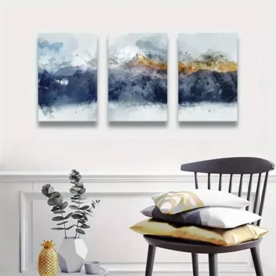 3pcs Blue & Gold Abstract Mountains Canvas Framed 40x60cm - High Quality Print 100% Australian Made Wall Canvas Ready to Hang