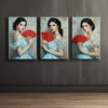 3pcs Elegant Girl with Red Fan Canvas Framed 40x60cm - High Quality Print 100% Australian Made Wall Canvas Ready to Hang - Image 2