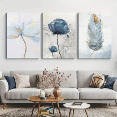 3pcs Blue Flower Canvas Framed 40x60cm - High Quality Print 100% Australian Made Wall Canvas Ready to Hang