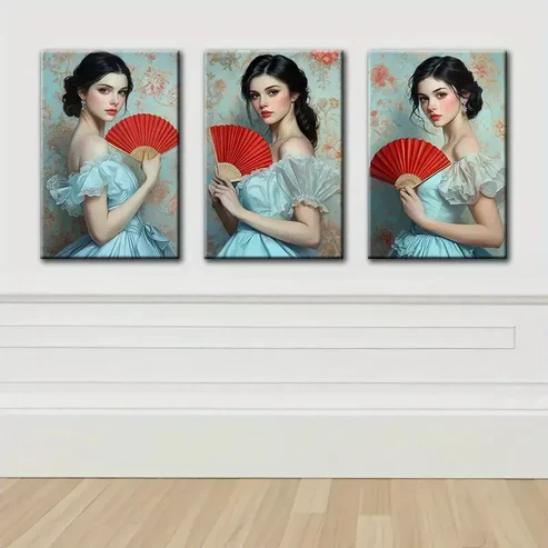 3pcs Elegant Girl with Red Fan Canvas Framed 40x60cm – High Quality Print 100% Australian Made Wall Canvas Ready to Hang