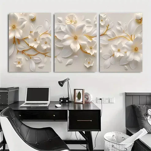 3pcs White Floral Paper Art with Golden Canvas Framed 40x60cm – High Quality Print 100% Australian Made Wall Canvas Ready to Hang