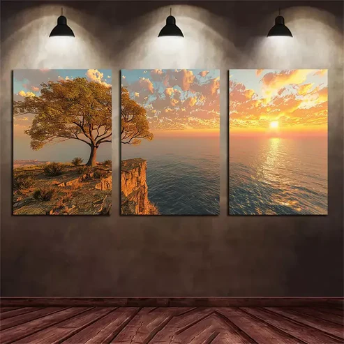 3pcs Sun Setting Over An Ocean with Trees Canvas Framed 40x60cm – High Quality Print 100% Australian Made Wall Canvas Ready to Hang