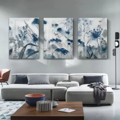 3pcs Blue Grey Flower Leaf Canvas Framed 40x60cm - High Quality Print 100% Australian Made Wall Canvas Ready to Hang