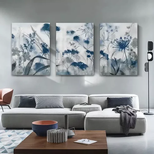 3pcs Blue Grey Flower Leaf Canvas Framed 40x60cm – High Quality Print 100% Australian Made Wall Canvas Ready to Hang