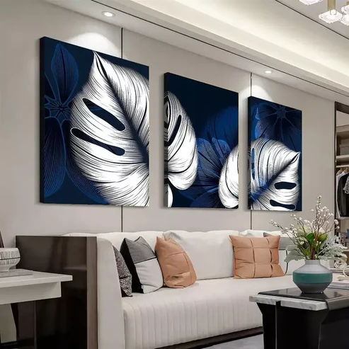 3pcs Modern Abstract Blue & White Leaves Canvas Framed 40x60cm – High Quality Print 100% Australian Made Wall Canvas Ready to Hang