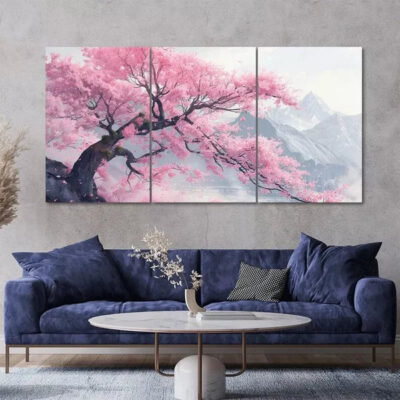 Cherry Blossom Tree Mountain Scenery 3 Piece Canvas Framed 40x60cm - High Quality Print 100% Australian Made Wall Canvas Ready to Hang