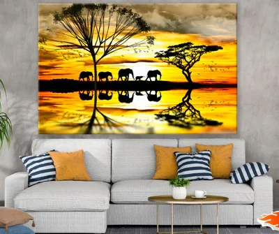 Elephants Walking Near Lake Paint Print 100% Australian Made
