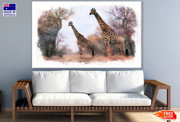 Giraffes in Forest Painting Print 100% Australian Made