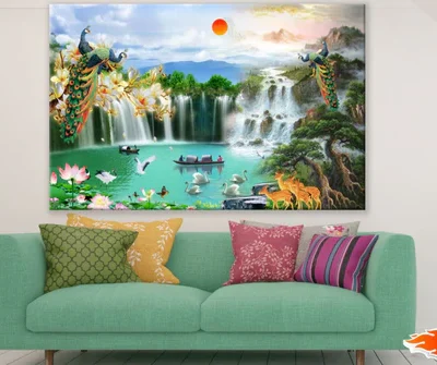 Waterfall & Animals Scenery Paint Print 100% Australian Made
