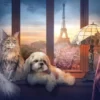 Cat & Dog with Eiffel Tower View Home Decor Premium Quality Poster Print Choose Your Sizes - Image 2