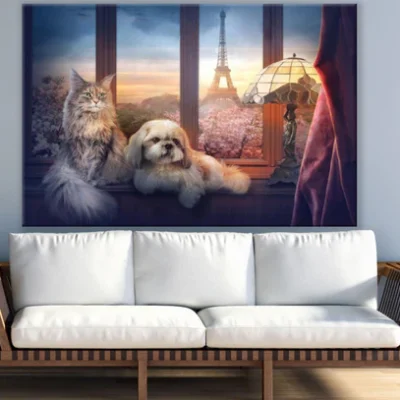 Cat & Dog with Eiffel Tower View Print 100% Australian Made
