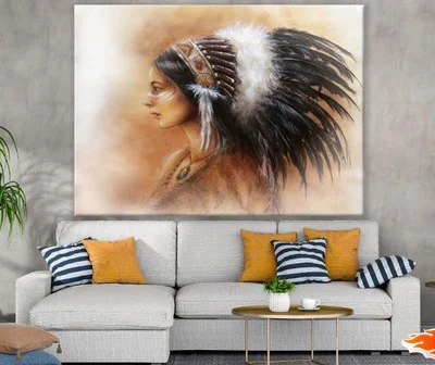Native Indian Girl with Feather Headdress Oil Painting Print 100% Australian Made