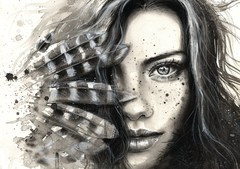 Girl Face Portrait with Feathers Black & White Print 100% Australian Made - Image 2