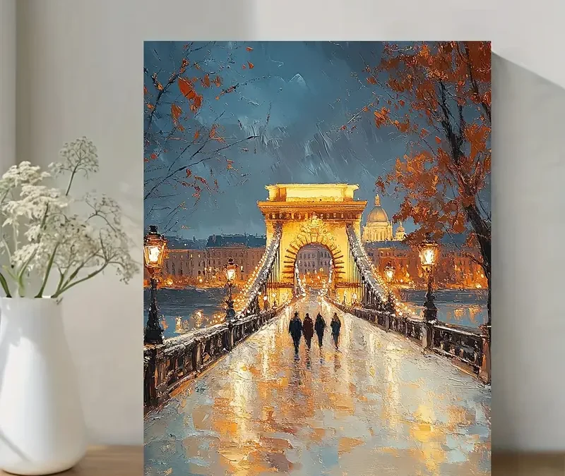 Budapest Chain Bridge Oil Painting Wall Art Canvas Framed 40×60