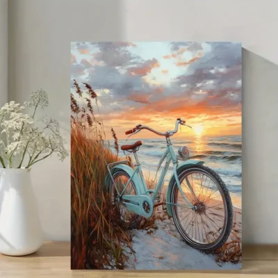Coastal Bike Scene with Sunset & Ocean Wall Art Canvas Framed 40x60