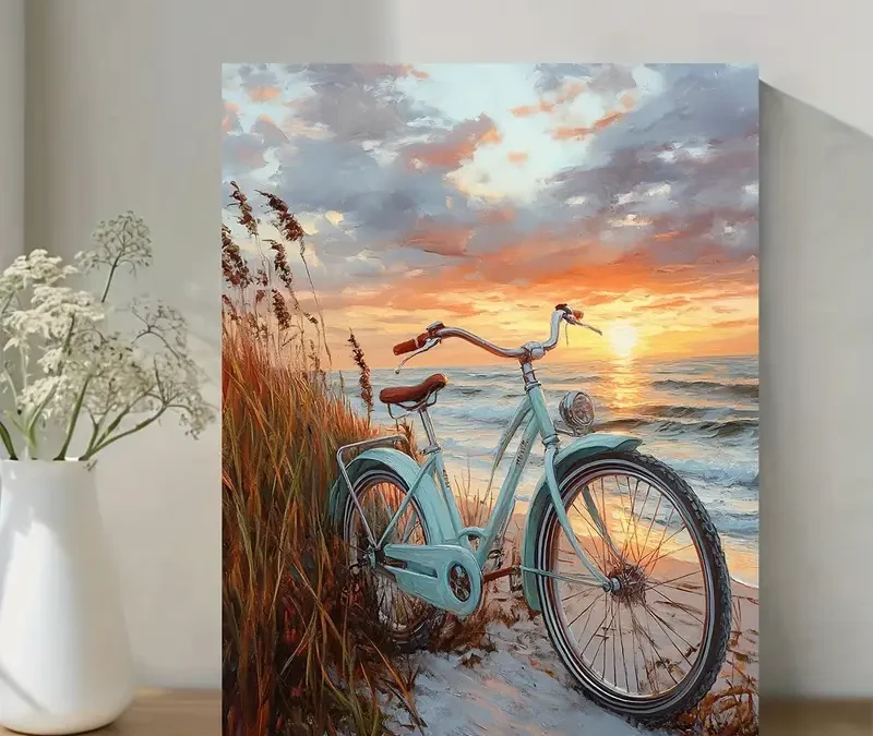 Coastal Bike Scene with Sunset & Ocean Wall Art Canvas Framed 40×60