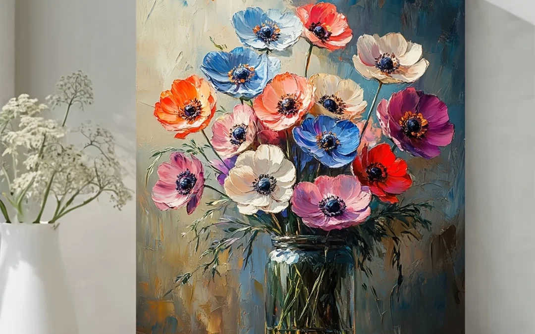 Vibrant Anemones Floral Oil Painting Wall Art Canvas Framed 40×60
