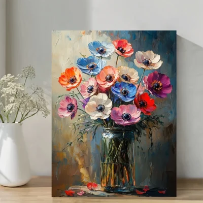 Vibrant Anemones Floral Oil Painting Wall Art Canvas Framed 40x60
