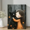 Whimsical Hugging Black Cat Wall Art Canvas Framed 40x60