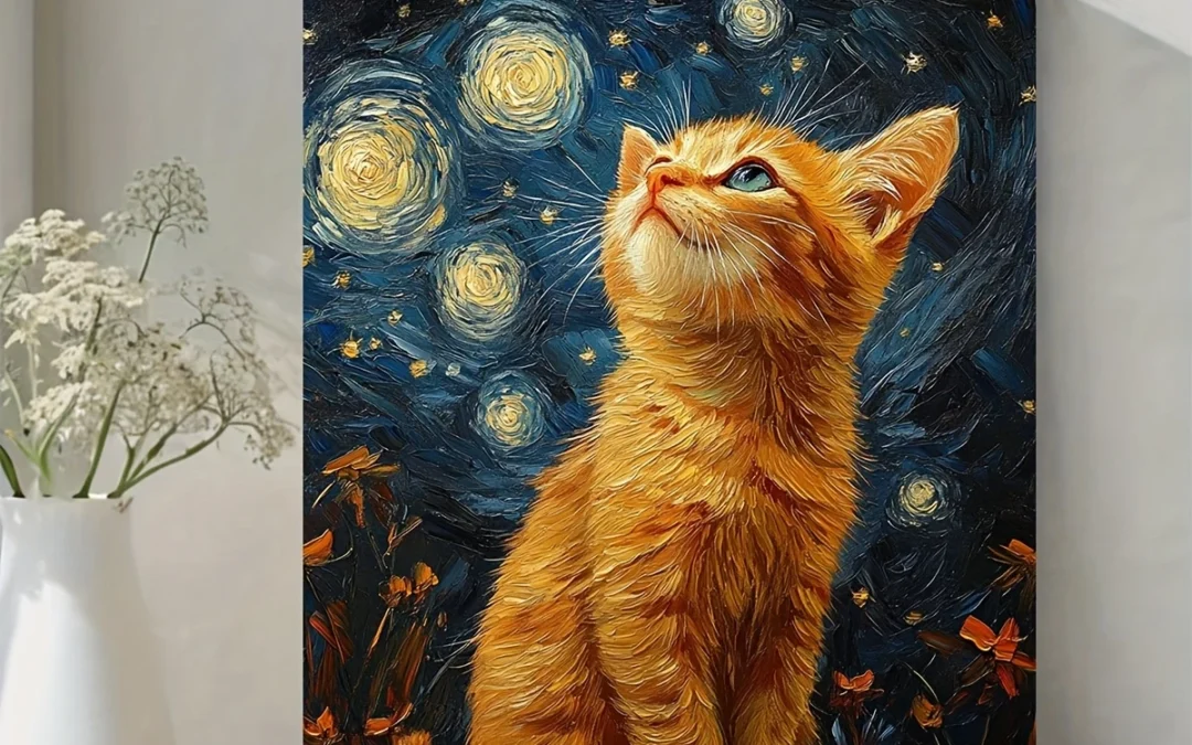 Van Gogh-Style Cat Kitten Starry Night  Wall Art Canvas Framed 40×60