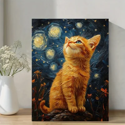 Van Gogh-Style Cat Kitten Starry Night  Wall Art Canvas Framed 40x60