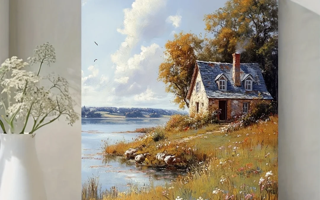 Vintage American Countryside Cottage by the Appledore Pond  Wall Art Canvas Framed 40×60