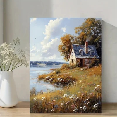 Vintage American Countryside Cottage by the Appledore Pond  Wall Art Canvas Framed 40x60