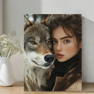 a Woman And Her Wolf, Wall Art Canvas Framed 40x60