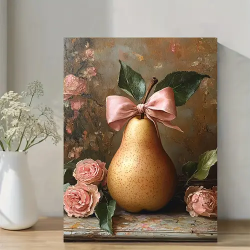 Pear Oil Painting with Pink Bow & Floral Accents Wall Art Canvas Framed 40×60