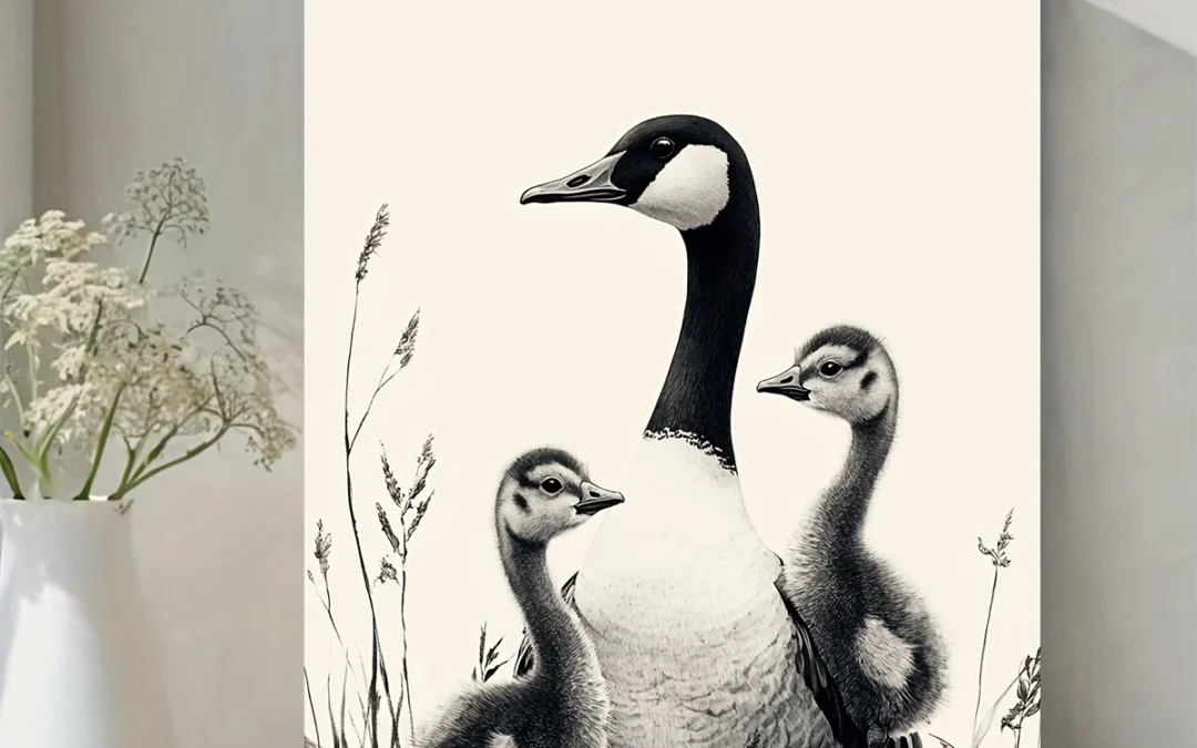 Minimalist Canada Goose Family Ink Drawing Wall Art Canvas Framed 40×60