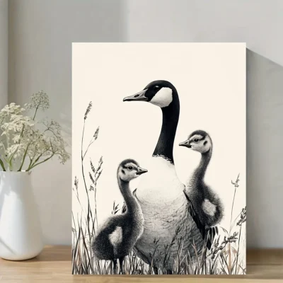 Minimalist Canada Goose Family Ink Drawing Wall Art Canvas Framed 40x60