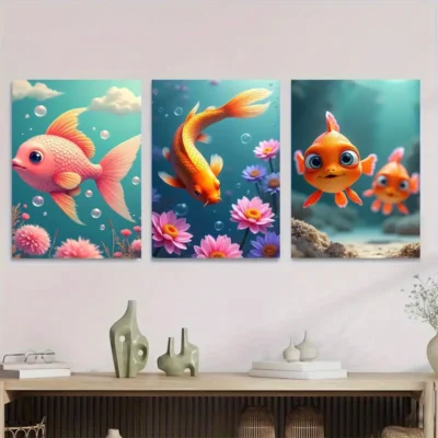 3pcs Underwater Scene with Pink Fish Orange Koi  Wall Art Set Canvas Framed 40x60cm - High Quality Print 100% Australian Made Wall Canvas Ready to Hang