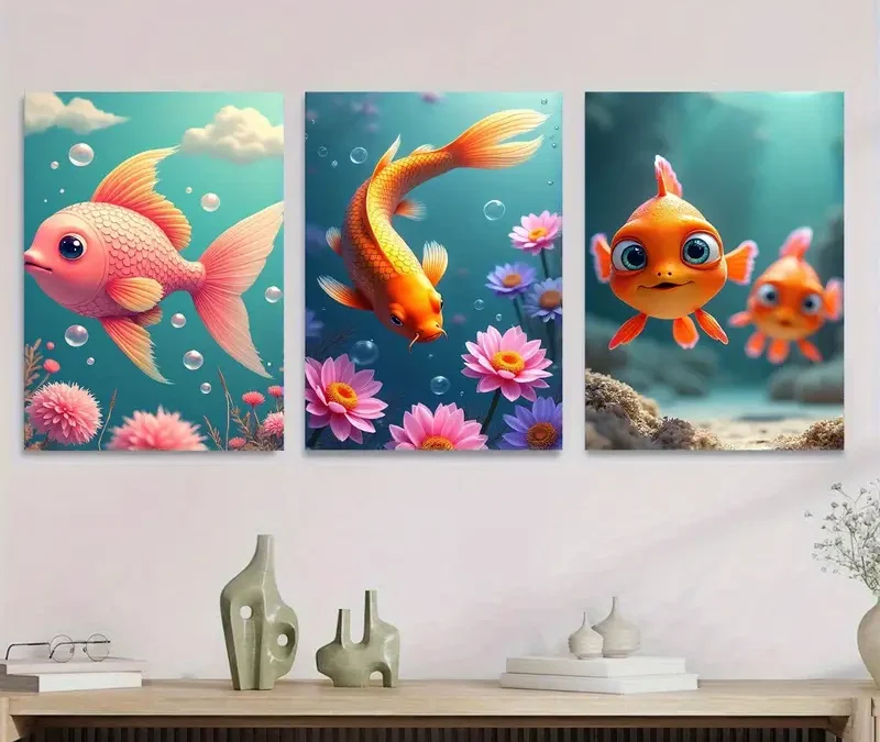 3pcs Underwater Scene with Pink Fish Orange Koi  Wall Art Set Canvas Framed 40x60cm – High Quality Print 100% Australian Made Wall Canvas Ready to Hang